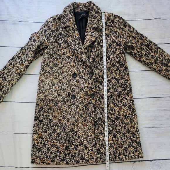 Zara Size S Tweed Double Breasted Wool Blend Marled Brown Black Jacket - Picture 5 of 11